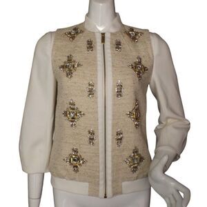 Ted Baker Jacket, TB1/US4, Tweed/Rhinestones, 3/4 sleeve, Zipper, Tan/Off-White,